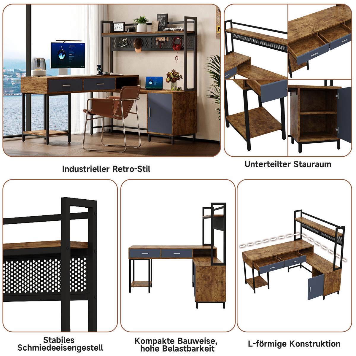 SCHREIBTISCH L-Form Industrie-Design mit Regal & Schrank 140x140cm - Schwarz/Naturfarben, Holzwerkstoff (140/140/135cm) - Urban Meuble