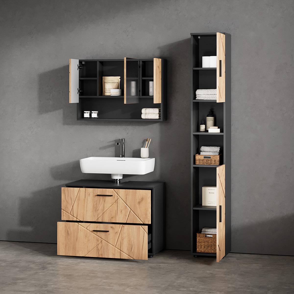 BADMÖBEL-SET Ronco Goldkraft Eiche/Anthrazit 2 Teile, Unterschrank 80 cm - Honigeiche/Anthrazit, Holzwerkstoff (41/80/58cm) - Livinity®