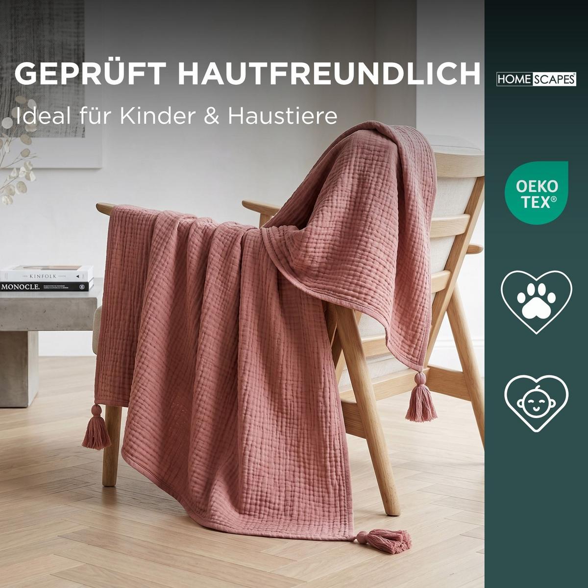 WOHNDECKE Musselin rosa mit Quasten - Rosa, Textil (127/180cm) - Homescapes