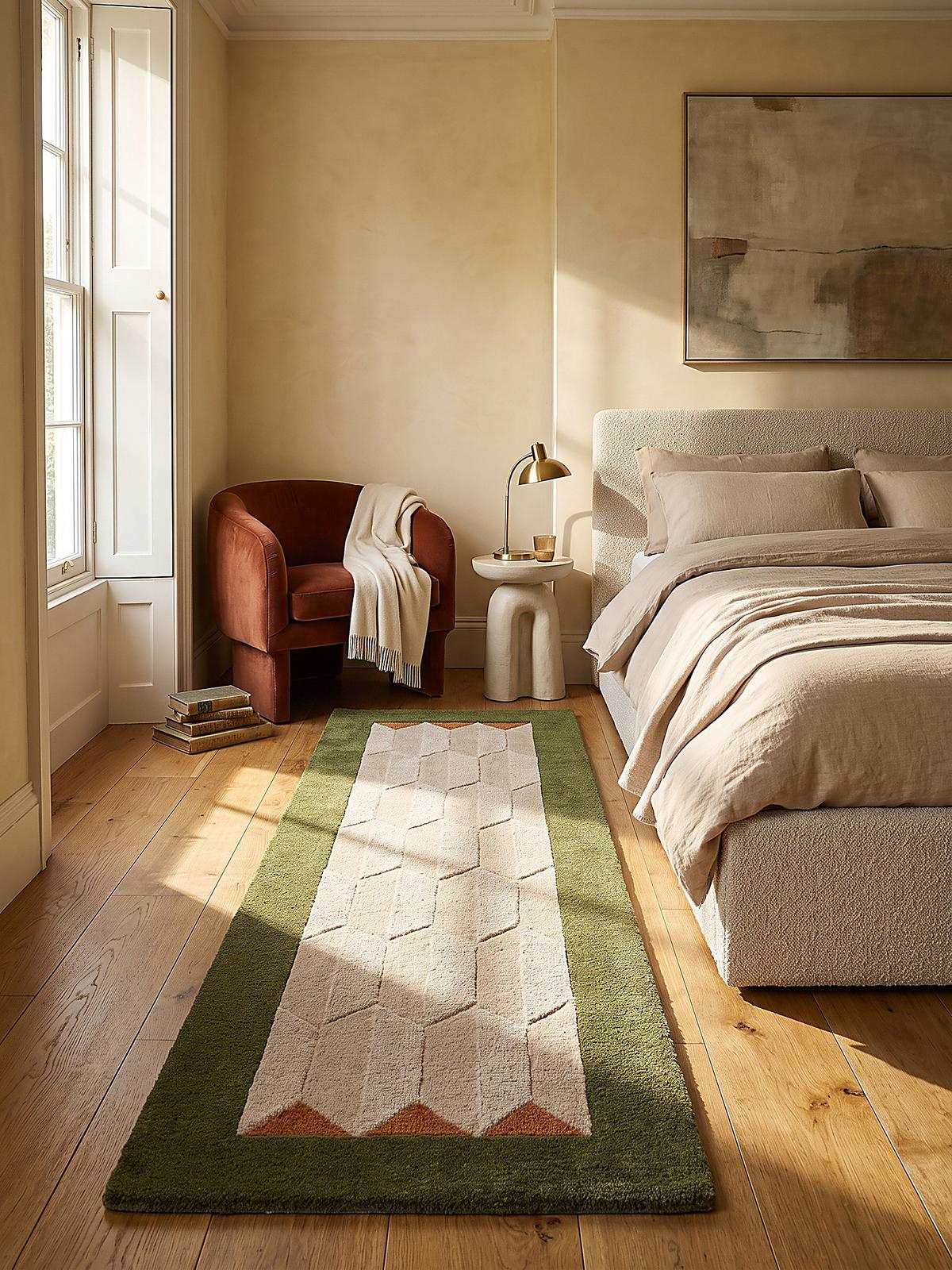TEPPICHLÄUFER handgetuftet DARENT, Wabenmuster, Erdtöne-Grün, 60 x 230 cm - Grün, Textil (60/230cm) - KADIMA DESIGN