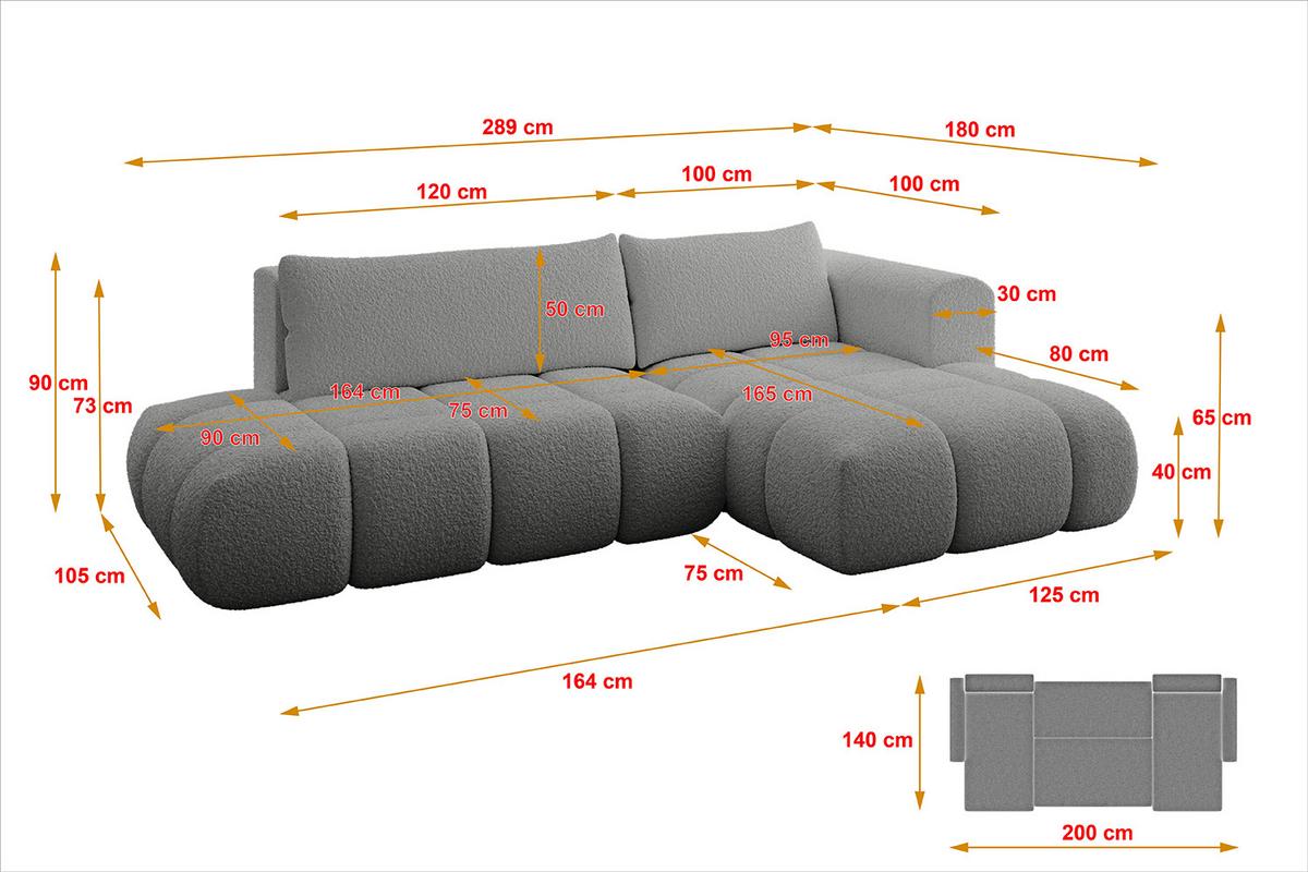 ECKSOFA Ottomane Rechts CLOUD-L 280x185x90 Hellgrau Bouclé - Hellgrau, Holzwerkstoff/Kunststoff (185/280cm) - ALTDECOR