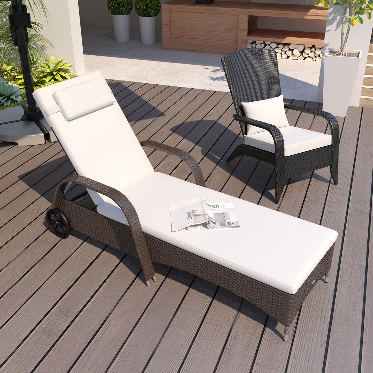 SONNENLIEGE, Polyrattan, Kaffeebraun - Multicolor, Kunststoff (73/103/200cm) - Outsunny