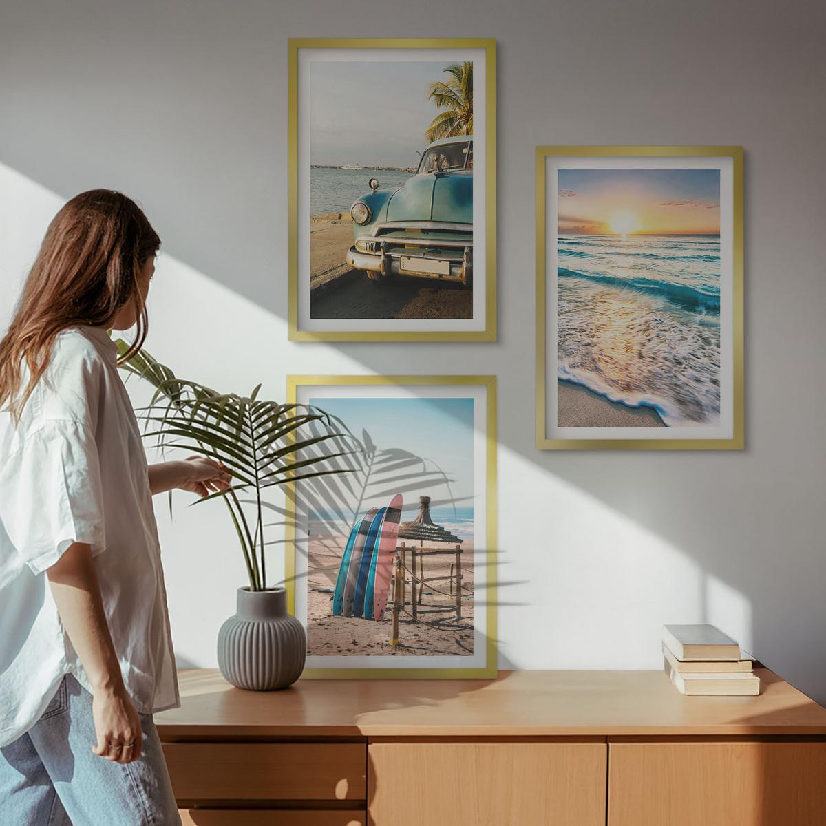 BILDER SET 3er Set - 40x60 cm Goldrahmen - Sonnenuntergangsurlaub in Miami - Goldfarben, Kunststoff (40/60cm) - TULUP