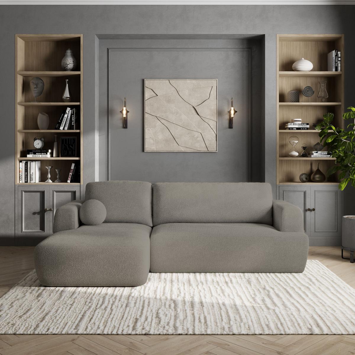 ECKSOFA SENTI N L-S Hellgrau Boucle-Stoff mit Schlaffunktion - Hellgrau/Schwarz, Holz/Kunststoff (246/148cm) - MASSENO