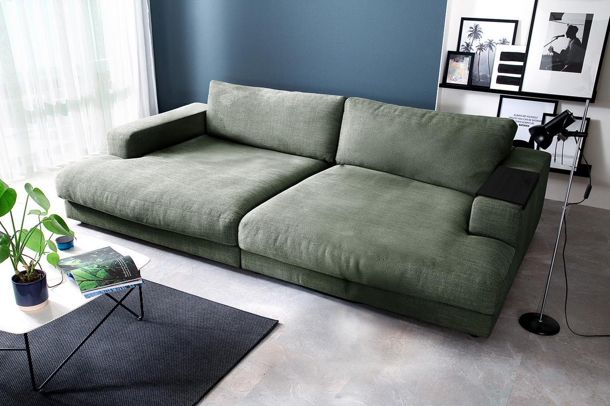 BIG SOFA MIT TABLETT MADELINE Grün Webstoff - Schwarz/Olivgrün, Kunststoff/Textil (290/85/170cm) - KAWOLA