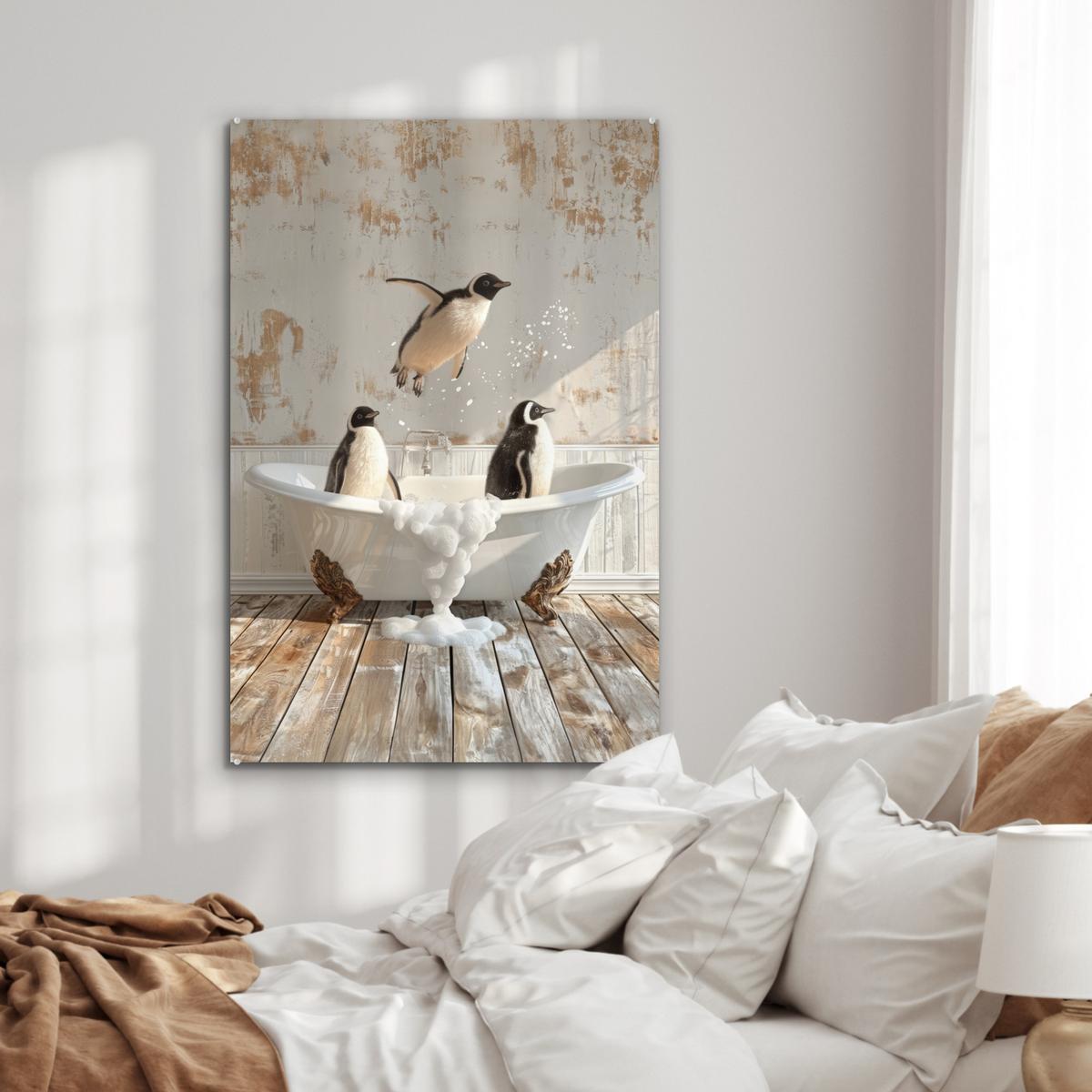 ACRYLGLASBILD Vintage - Pinguin - Badewanne - Schaumstoff 80x120 cm - Schwarz, Glas (80/120cm) - MuchoWow