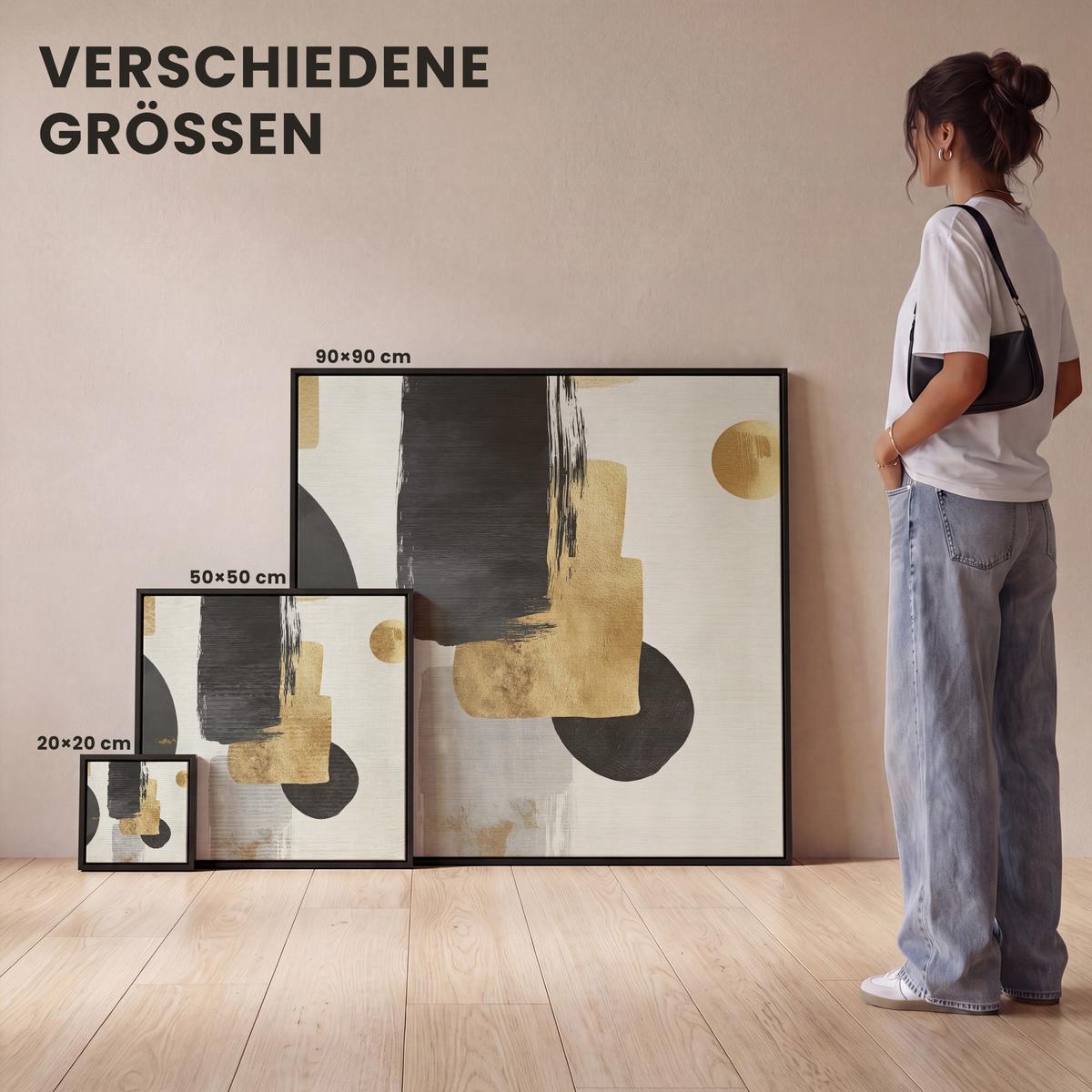 LEINWAND Bilder mit Rahmen - Gold - Rechtecke - Kreise - Abstrakt - 50x50 - Weiß, Textil (50/50cm) - MuchoWow