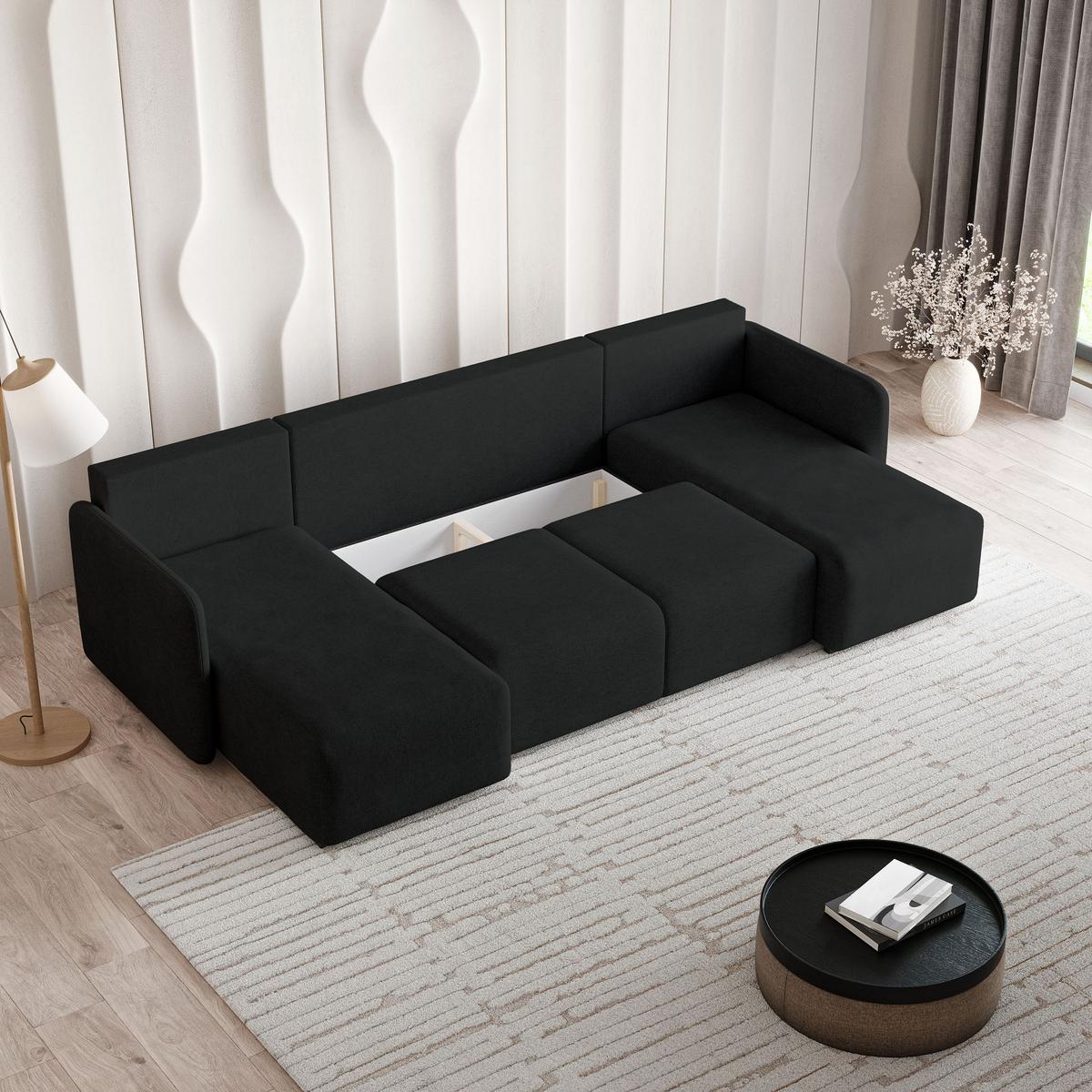 WOHNLANDSCHAFT NUBERO Schwarz Geflochtener Stoff mit Schlaffunktion - Schwarz, Holz (285/85/143cm) - MASSENO