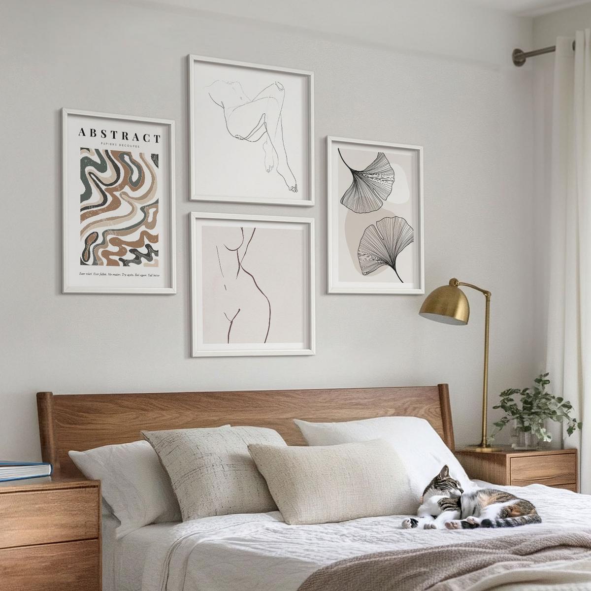 BILDER SET 4er Set - 50x50 cm & 40x60 cm Weißer Rahmen - Abstrakte Boho-Blattformen - Weiß, Kunststoff (50/50cm) - TULUP