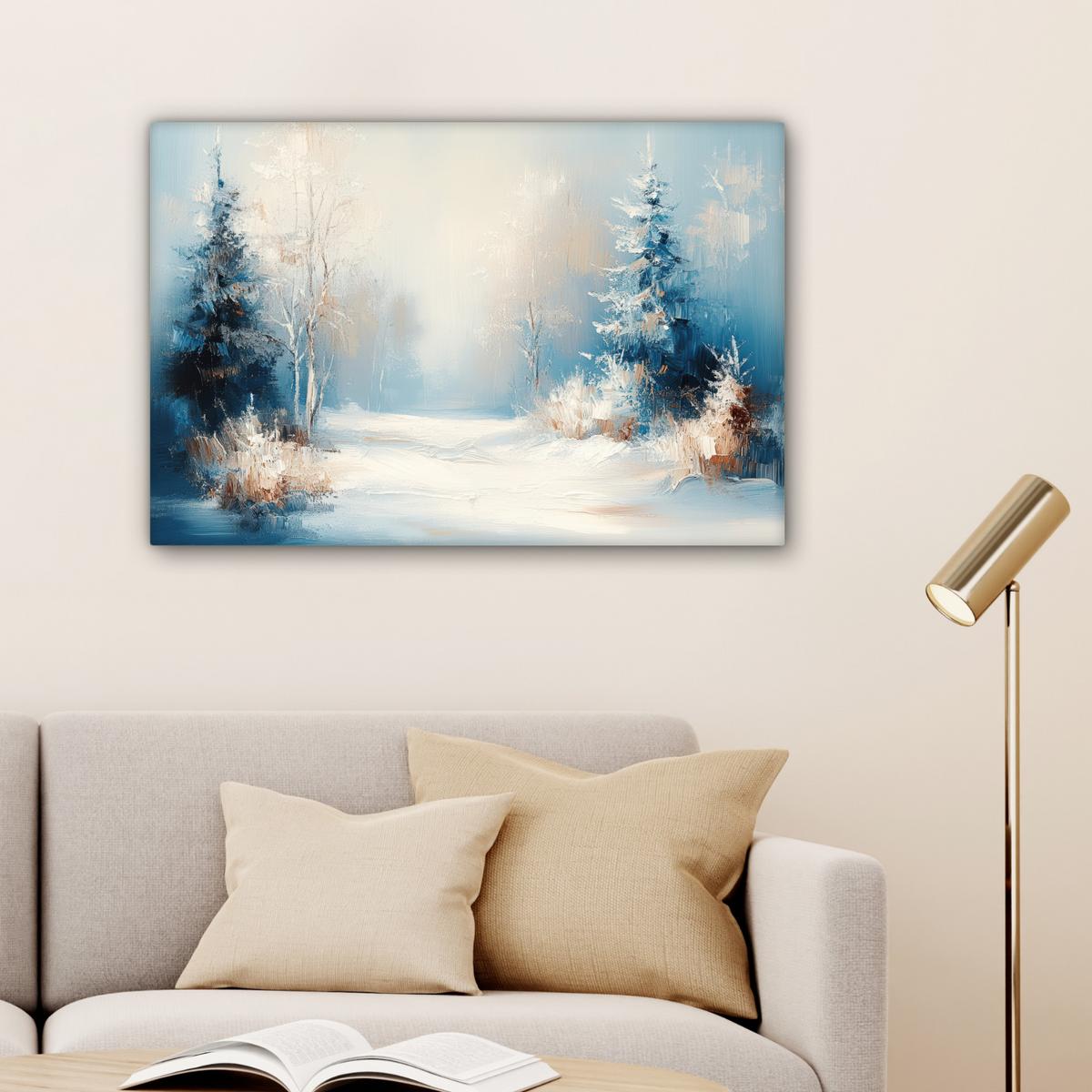 LEINWANDBILD Wald - Winter - Natur - Abstrakt - Schnee Gemälde 60x40 cm - Weiß, Textil (60/40cm) - MuchoWow