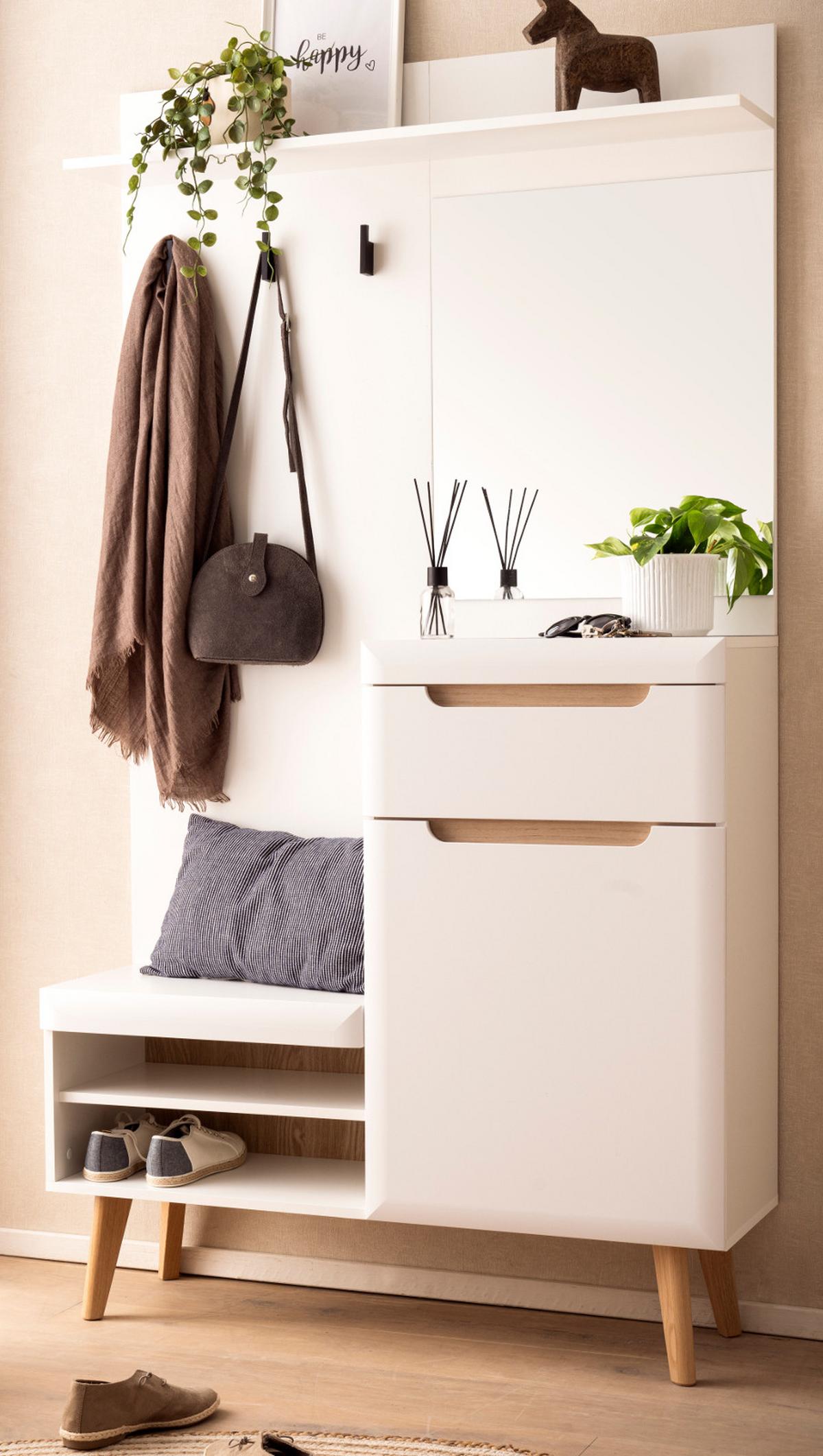 GARDEROBEN-SET weiß matt, Eiche, Kompaktgarderobe skandinavisch 110x197 cm - Eichefarben/Weiß, Glas/Holz (107/197/34cm) - Furn.Design