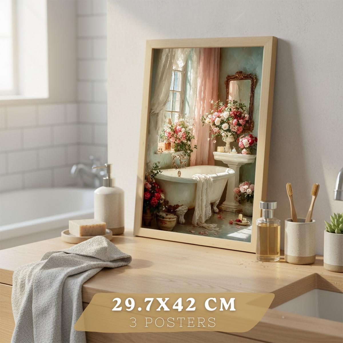 POSTER 3er-Set dekorative Badezimmerdrucke, romantischer Stil, Bilder mit Rosen Badewanne und Parfums, Blumenposter, Leichter Holzrahmen A3 - Beige, Papier (42/29.7/3cm) - Nacnic