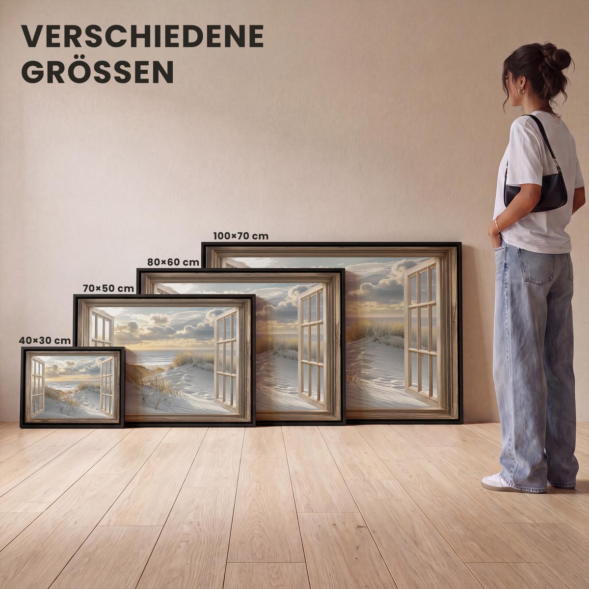 LEINWAND Bilder mit Rahmen - Ausblick - Strand - Dünen - Meer - Natur - 70x50 - Sandfarben, Textil (70/50cm) - MuchoWow