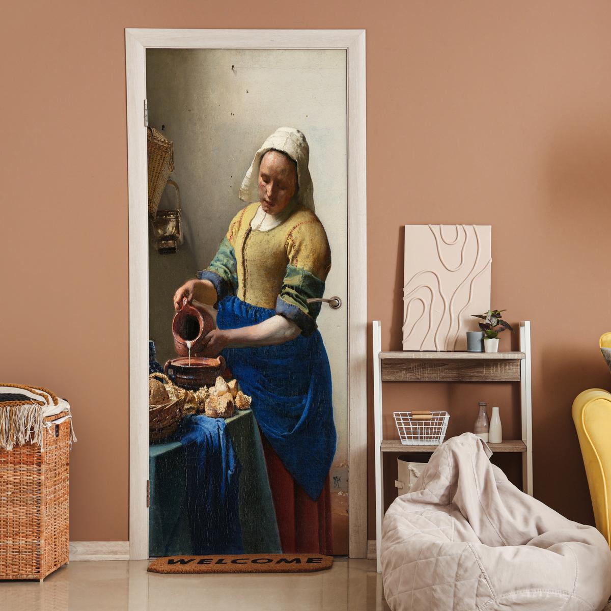 TÜRAUFKLEBER Das Milchmädchen - Johannes Vermeer 85x215 cm - Türtapete - Dunkelblau, Kunststoff (85/0.1cm) - MuchoWow