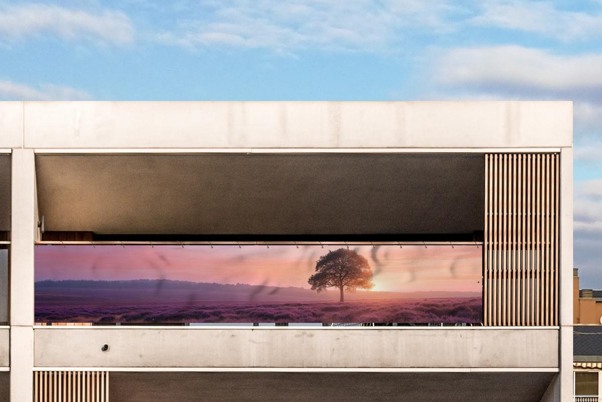BALKON-SICHTSCHUTZ Baum - Heidekraut - Sonnenaufgang Groß 500x85 cm - Flieder, Kunststoff (500/85cm) - MuchoWow