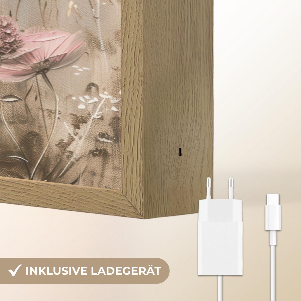 WANDLEUCHTE MIT AKKU Blumen - Rosa - Modern - Beige 90x60 cm - Altrosa, Holzwerkstoff (90/60/8cm) - OnlyWow