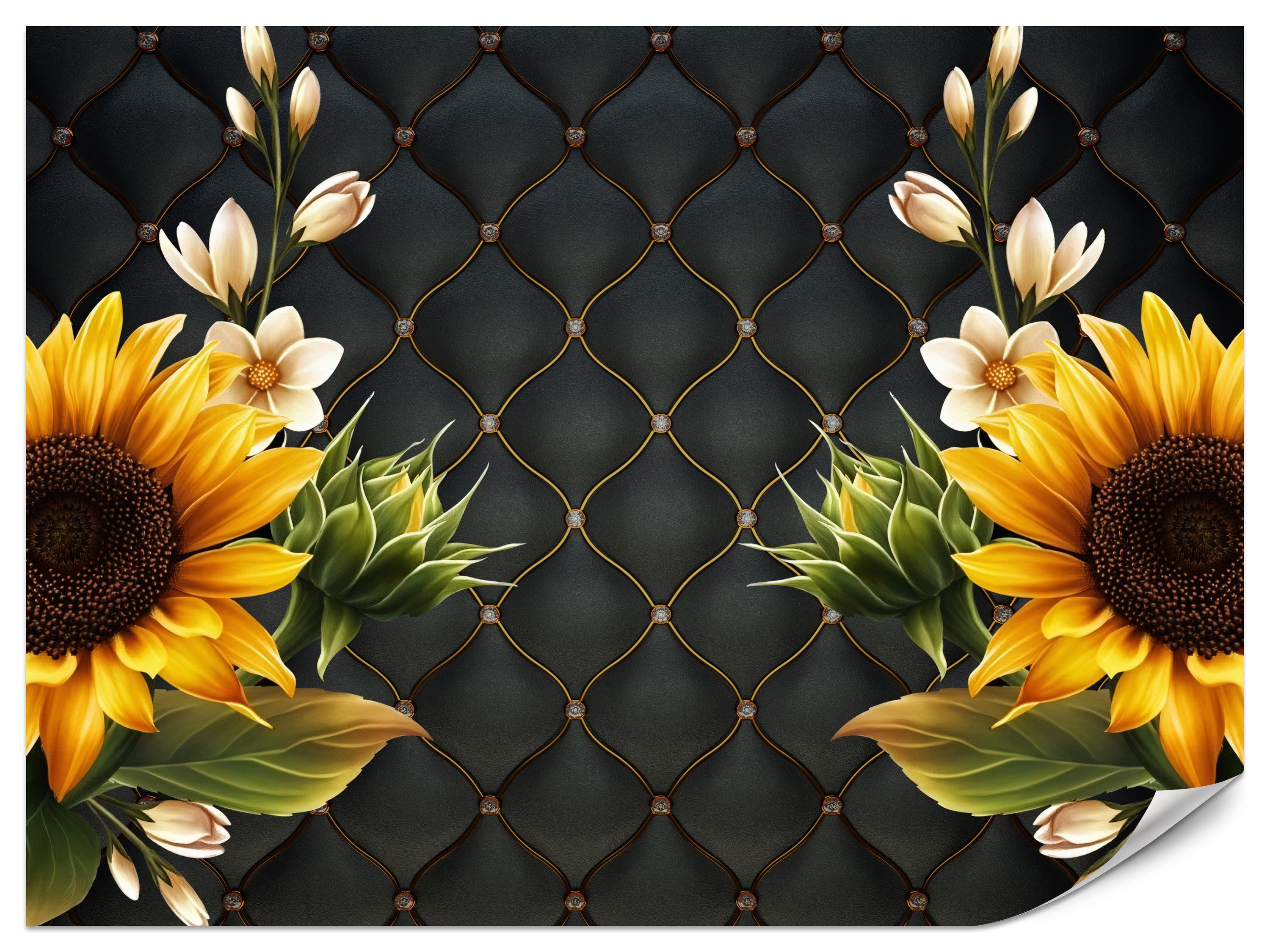 FOTOTAPETE für Küche Blume Sonnenblumen auf gestepptem Hintergrund 100x70 - Gelb/Schwarz, Papier (100/70cm) - Muralo