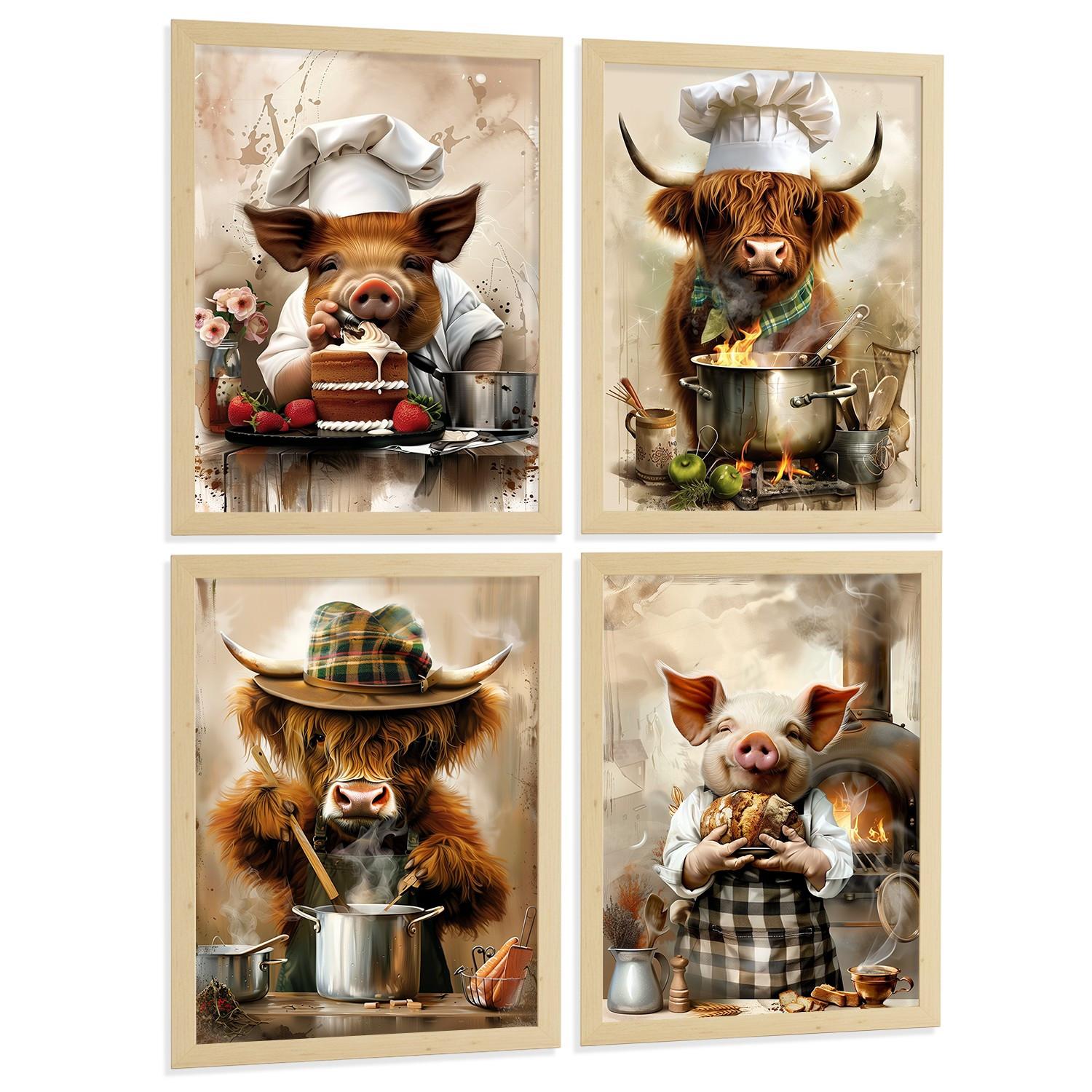 POSTER 4er Set Tier Koch Wandbilder Schwein Bäcker und Highland-Rind Köchin Illustration Küche Wanddeko Leichter Holzrahmen A4 - Beige, Papier (29.7/1/21cm) - Nacnic