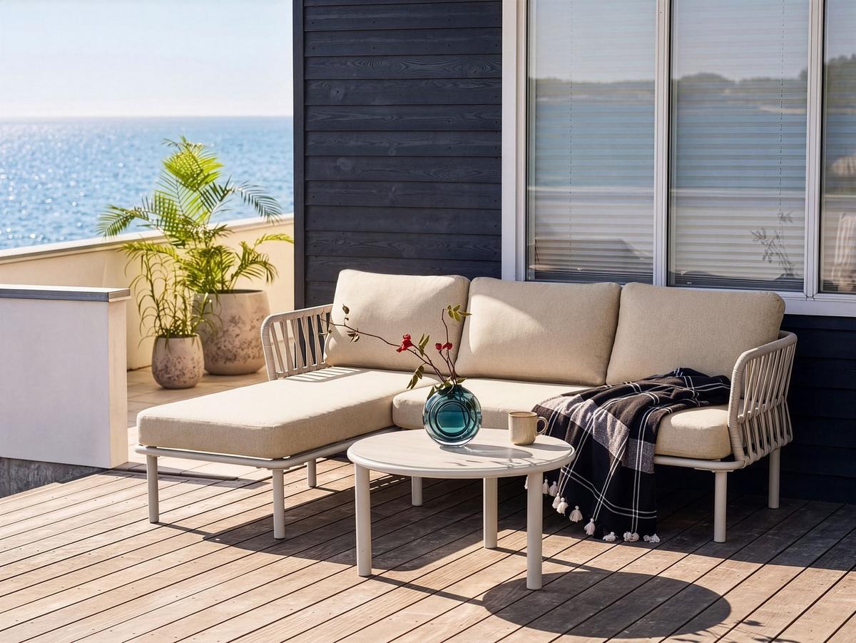 GARTEN Ecksofa mit Tisch 3-Sitzer Metall Beige rechtsseitig Orte - Beige, Metall - Beliani