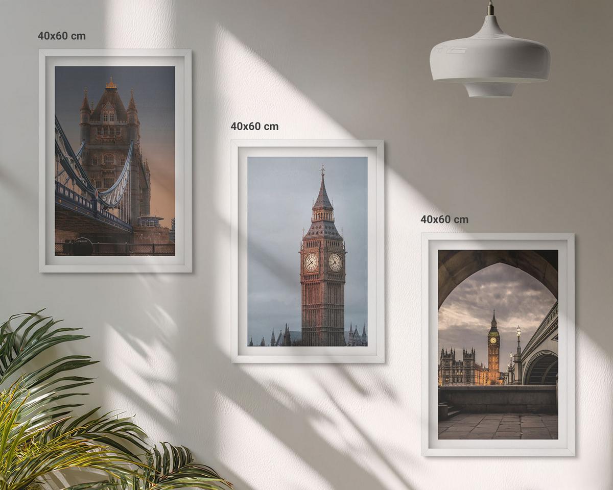 BILDER SET 3er Set - 40x60 cm Weißer Rahmen - London Bridge Big Ben Uhr - Weiß, Kunststoff (40/60cm) - TULUP