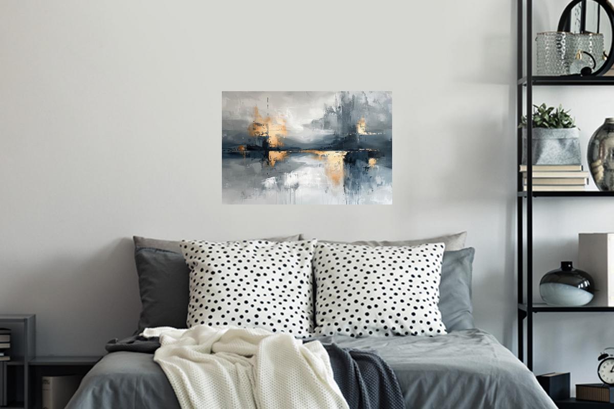 WANDTATTOO Kunst - Grau - Gold - Abstrakt Deko Wohnzimmer 60x40 cm - Dunkelgrau, Kunststoff (60/40/0.1cm) - MuchoWow