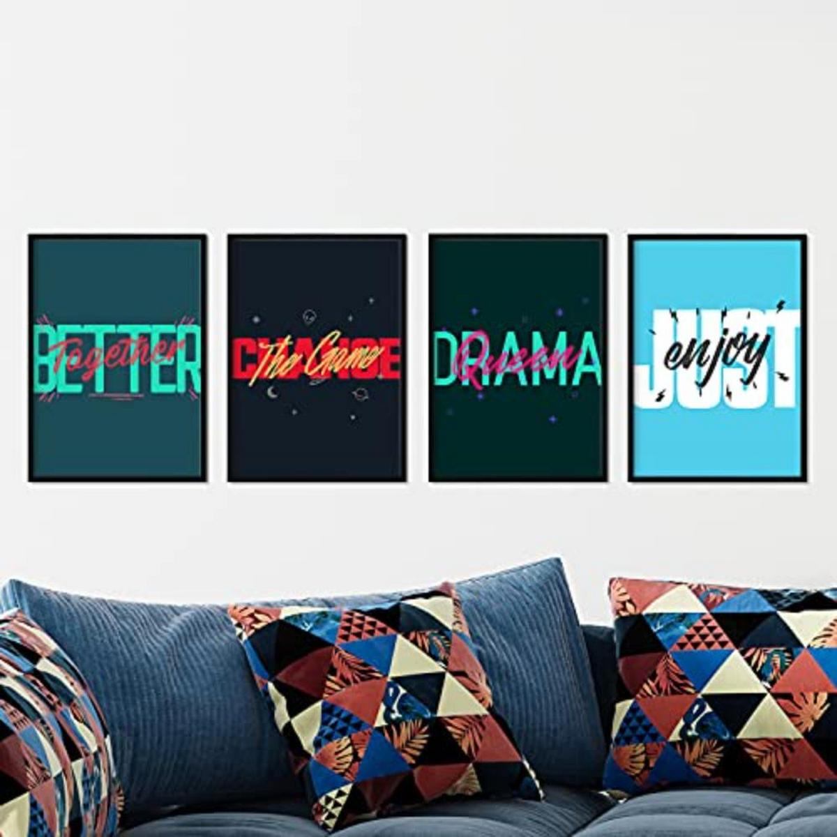 POSTER Set mit 4 blauen und grünen Etikettendesign und Motivationsnachrichten A4 Schwarzer Rahmen - Schwarz, Papier (29.7/3cm) - Nacnic