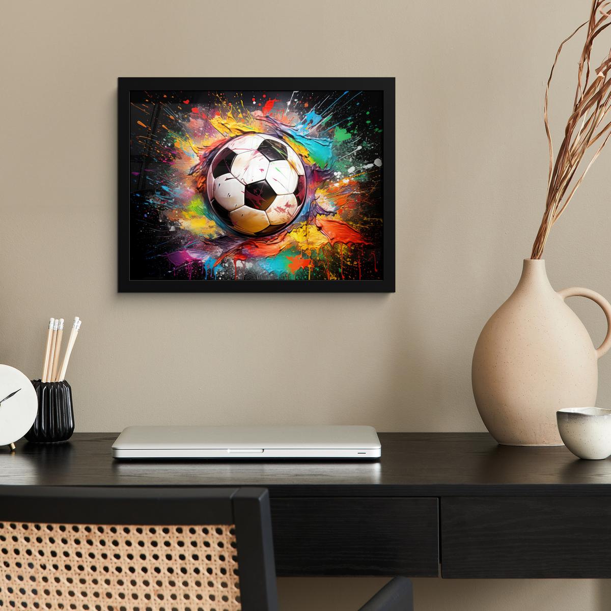 POSTER MIT RAHMENGERAHMTES BILD Fußball - Farbe - Farben - Schwarz - Weiß 40x30 cm - Weiß, Papier (40/30cm) - MuchoWow