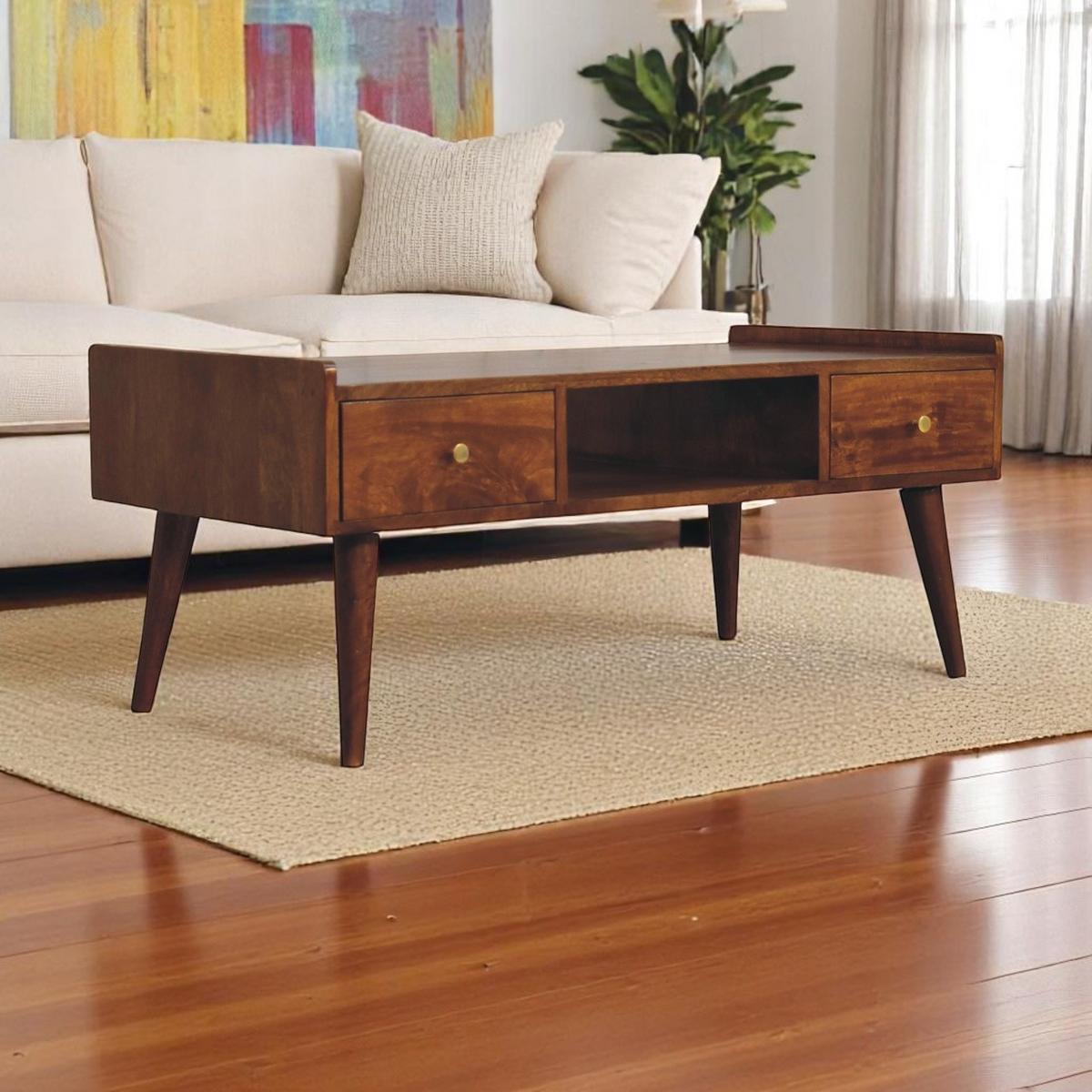 TV-EINHEIT Massivholz Erhöhtes Kastanienbraun, 2 Schubladen und Offenes Fach, Dunkelbraun - Dunkelbraun/Messingfarben, Mangoholz/Holz (100/43/50cm) - Artisan Furniture