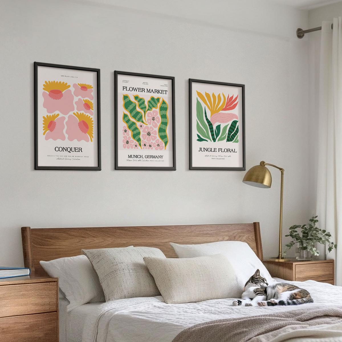 BILDER SET 3er Set - 40x60 cm Schwarzer Rahmen - Blumen und Blätter – moderne Poster - Schwarz, Kunststoff (40/60cm) - TULUP