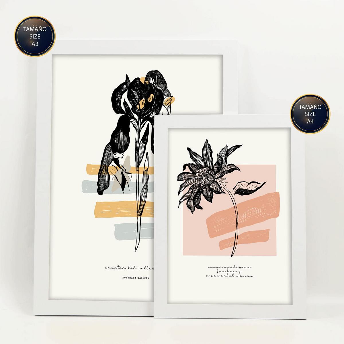 POSTER Set Mit 6 In Schwarzer Tinte Blumen Kunstdrucke Im Skizzenstil Für Innenarchitektur A3 & A4 Weißer Rahmen - Weiß, Papier (29/3cm) - Nacnic