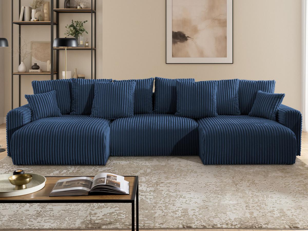 WOHNLANDSCHAFT Calma mit Schlaffunktion und Bettkasten im Bumpy-Design aus weichem Marineblau Plüschcord - Blau/Beige, Holz/Textil (336/88/140cm) - S-Style