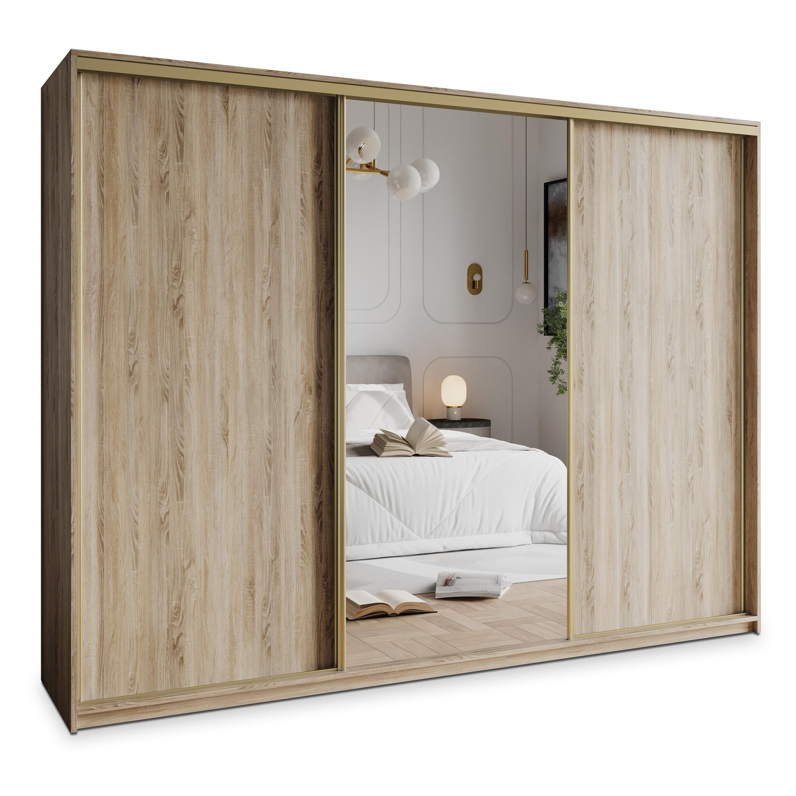 SCHWEBETÜRENSCHRANK TAVI 250/205/60 cm 3-türig mit Spiegel und Schubladen Sonoma Eiche - Goldfarben/Sonoma Eiche, Holzwerkstoff (250/205/60cm) - MASSENO