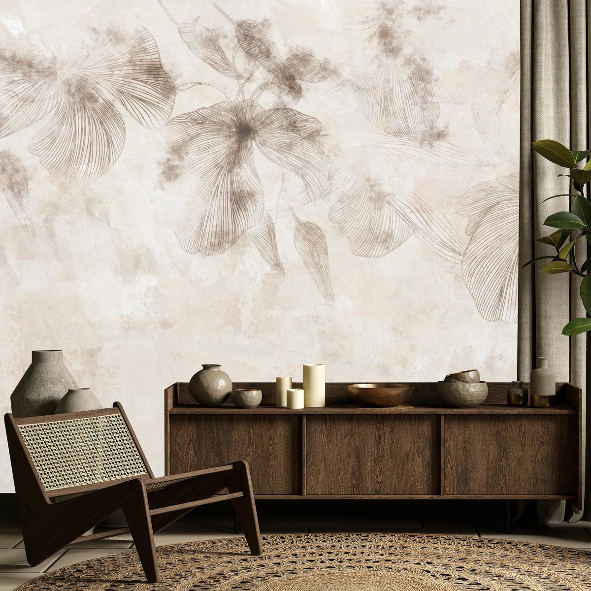 FOTOTAPETE für Wohnzimmer Boho Blumen auf Beton Natur Vintage 450x315 - Beige/Braun, Papier (450/315cm) - Muralo