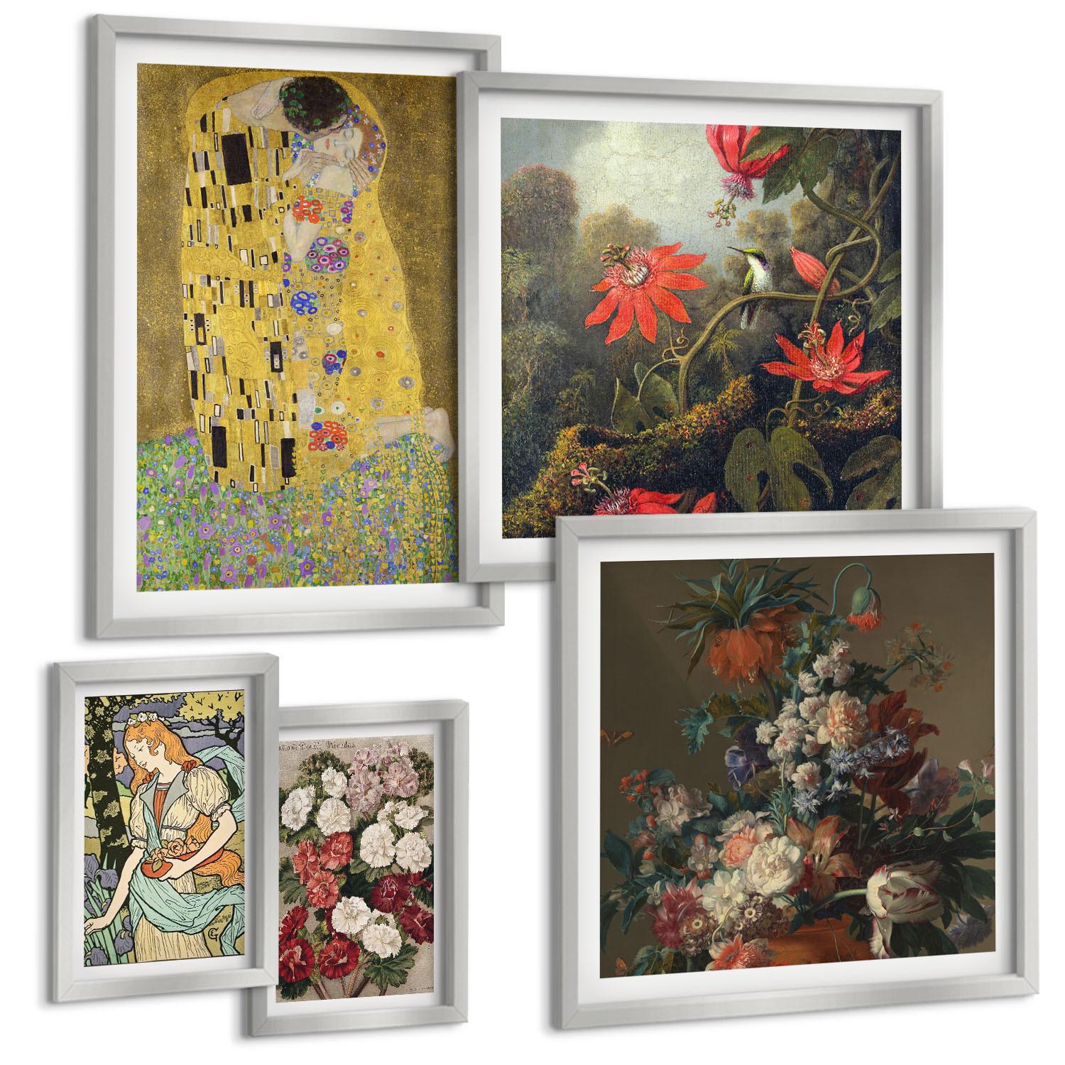 BILDER SET 5er Set - 50x50 cm & 20x30 cm & 40x60 cm Silberner Rahmen - Blumen des Baumes (Gemälde von Klimt) - Silberfarben, Kunststoff (40/60cm) - TULUP
