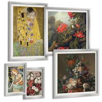 BILDER SET 5er Set - 50x50 cm & 20x30 cm & 40x60 cm Silberner Rahmen - Blumen des Baumes (Gemälde von Klimt) - Silberfarben, Kunststoff (40/60cm) - TULUP