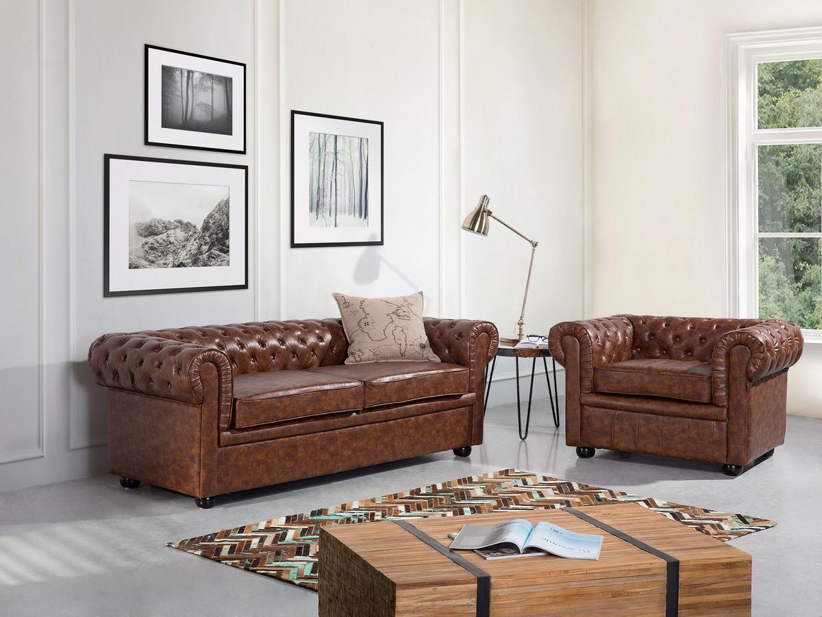 SESSEL Kunstleder Goldbraun Chesterfield - Schwarz/Braun, Kunststoff (108/70/80cm) - Beliani