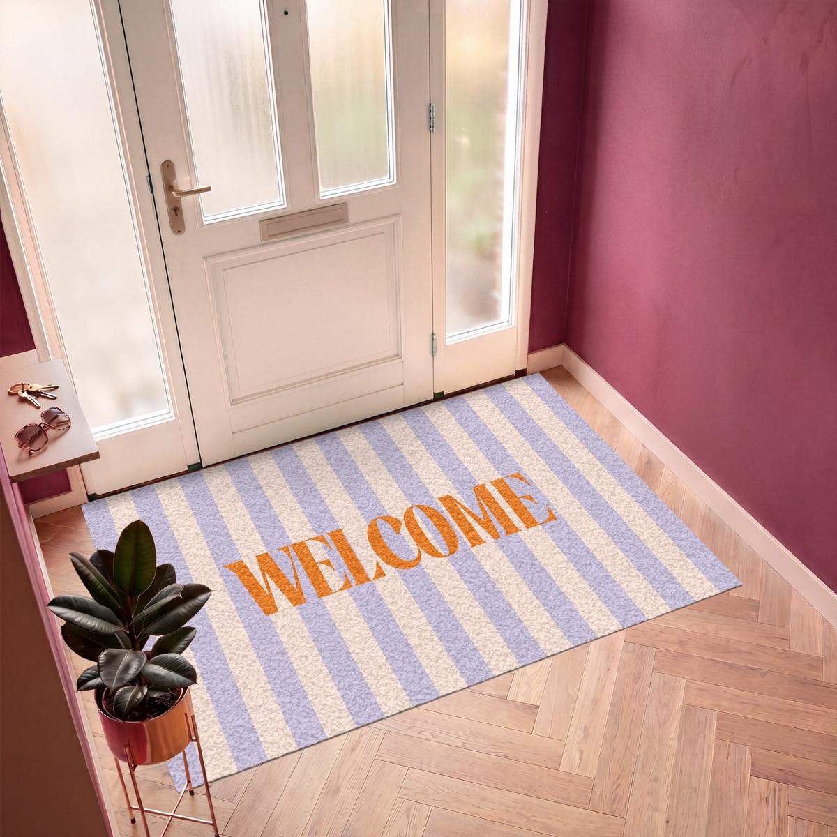 FUSSMATTE Lila – Orange – Streifen – Willkommen 180x120 cm - Flieder, Kunststoff (180/0.4cm) - MuchoWow