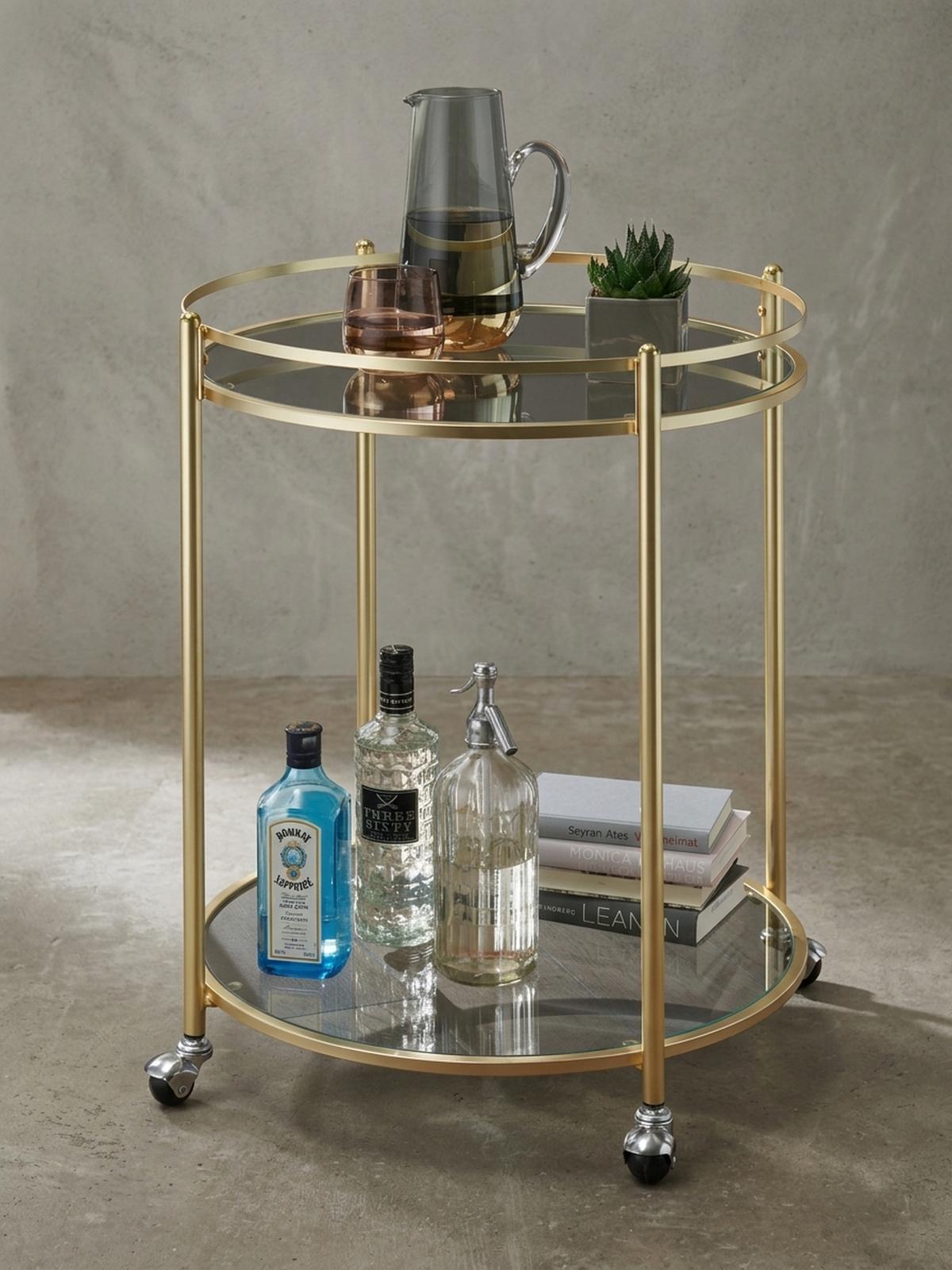 SERVIERWAGEN – Gold, Sicherheitsglas, auf Rollen - Goldfarben, Glas/Metall (57/75/57cm) - KADIMA DESIGN