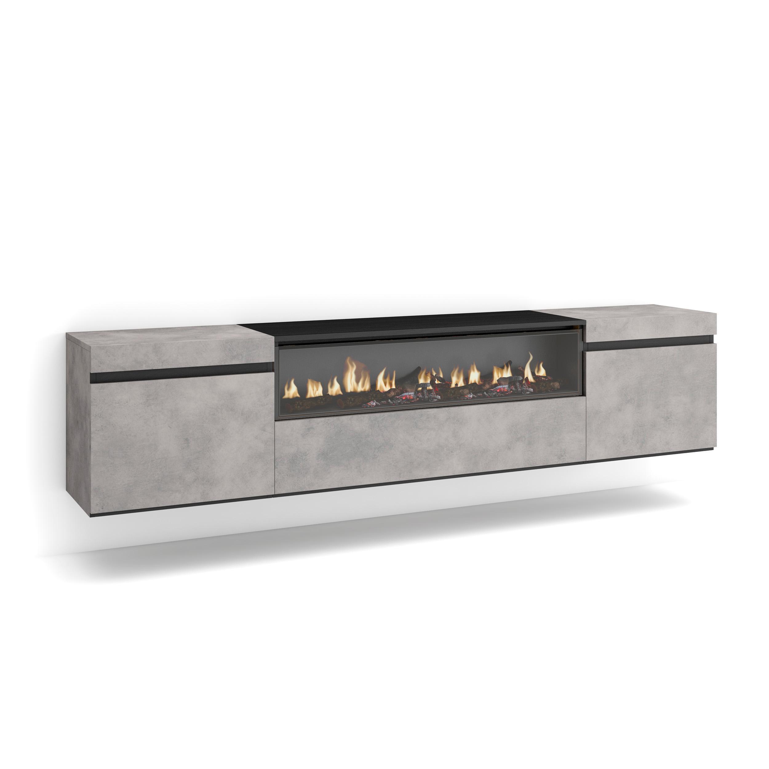 TV-SCHRANK mit Elektrokamin, zementgrau, Hängend, 200/35/45cm - Hellgrau/Grau, Holzwerkstoff (200/45/35cm) - Skraut Home