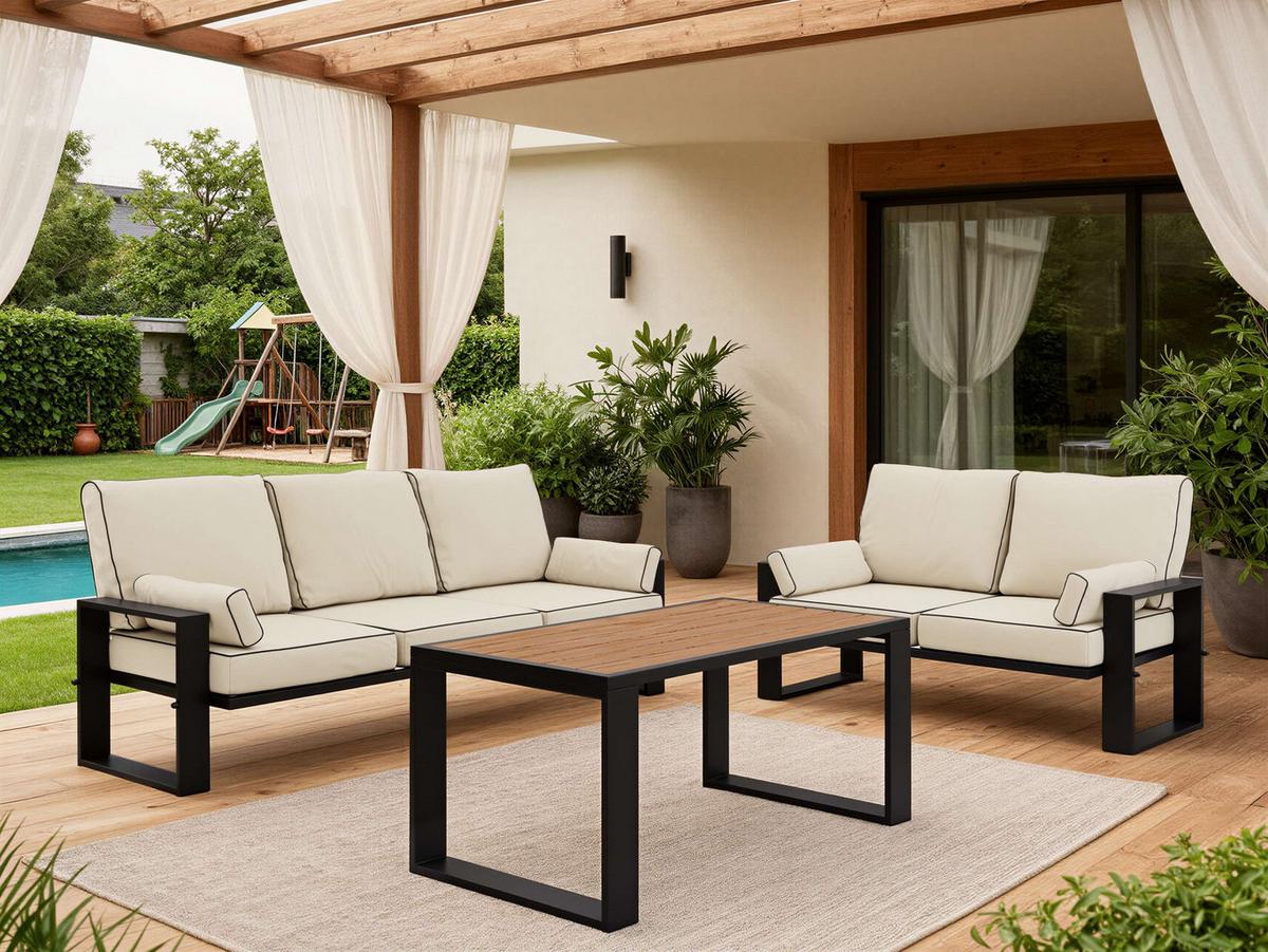 GARTENMÖBEL-SET ELBA: 1x Tisch, 2x Sofa - Beige - Beige, Textil - MKS