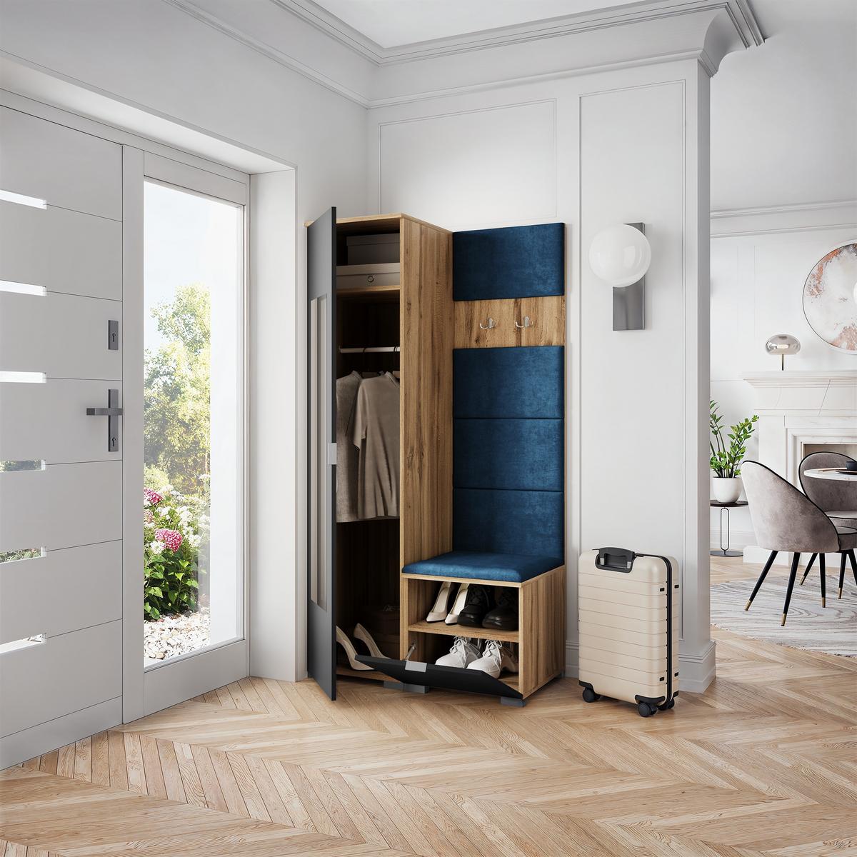 GARDEROBENSCHRANK VIRA 95/181/51 cm Modern Garderobe-Set Eiche Wotan - Blau/Eiche Wotan, Holzwerkstoff (95/181/51cm) - MASSENO