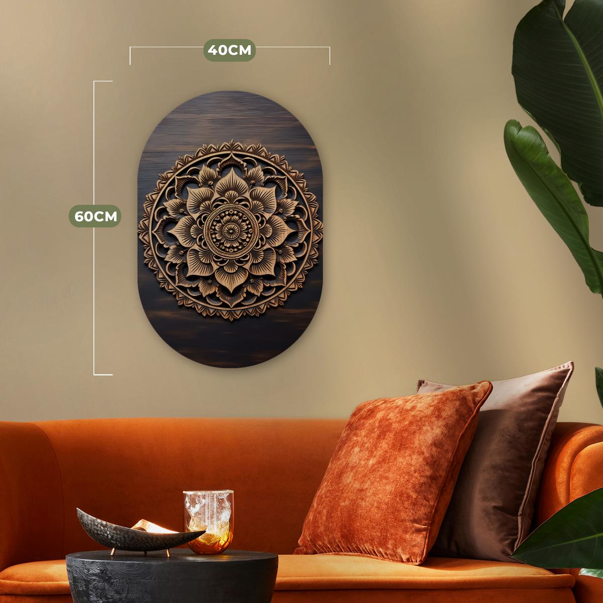 WANDBILD Mandala - Holz - Blumen - Braun Deko Wohnzimmer 40x60 cm - Gelb, Kunststoff (40/60cm) - MuchoWow