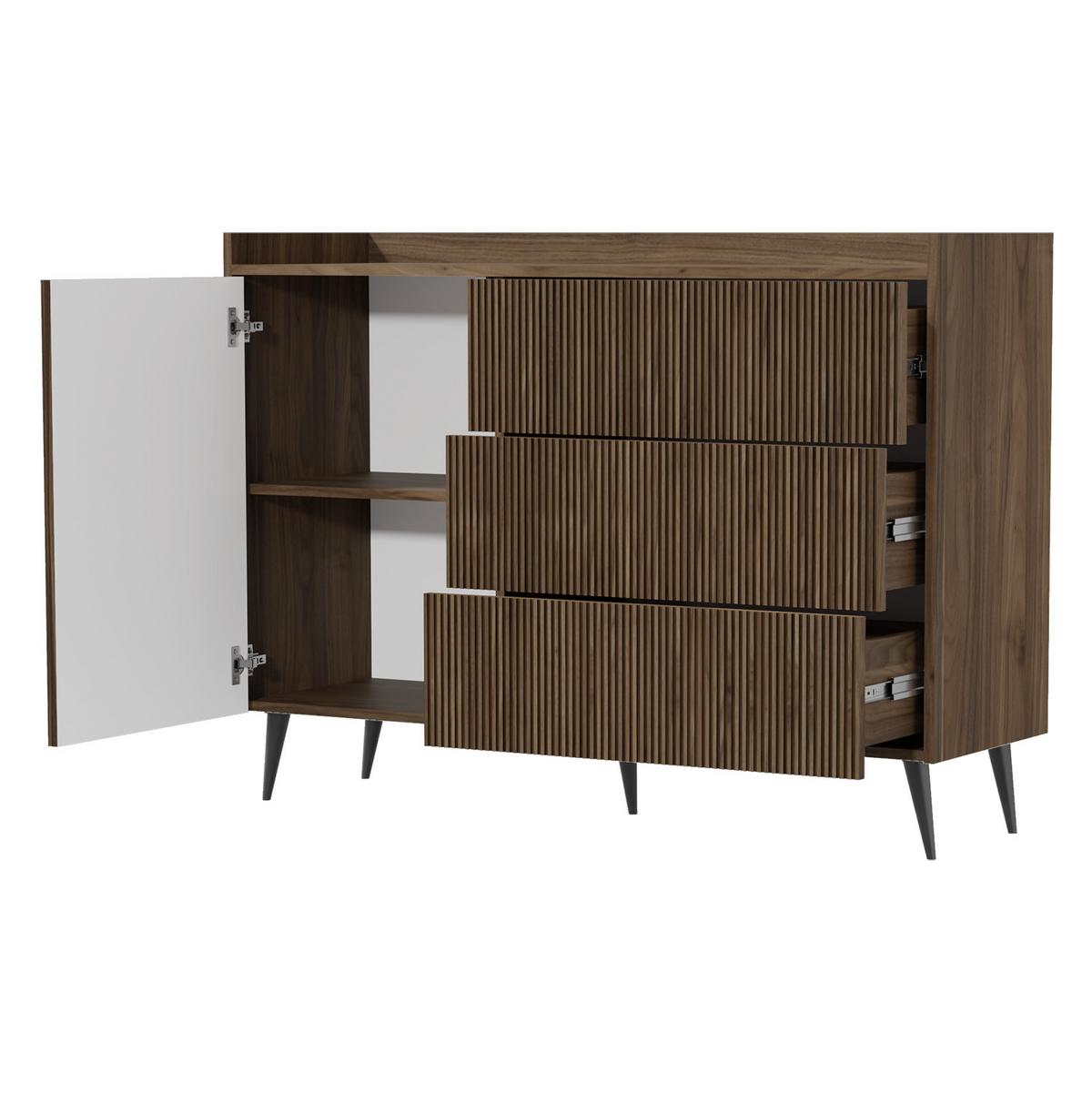 WOHNWAND Amfali 4-teilig –Lowboard, Kommode, Regal und Couchtisch, Push-to-open, Frühlings-Eiche - Eichefarben/Schwarz, Holzwerkstoff/Metall (150/180/41cm) - Beautysofa