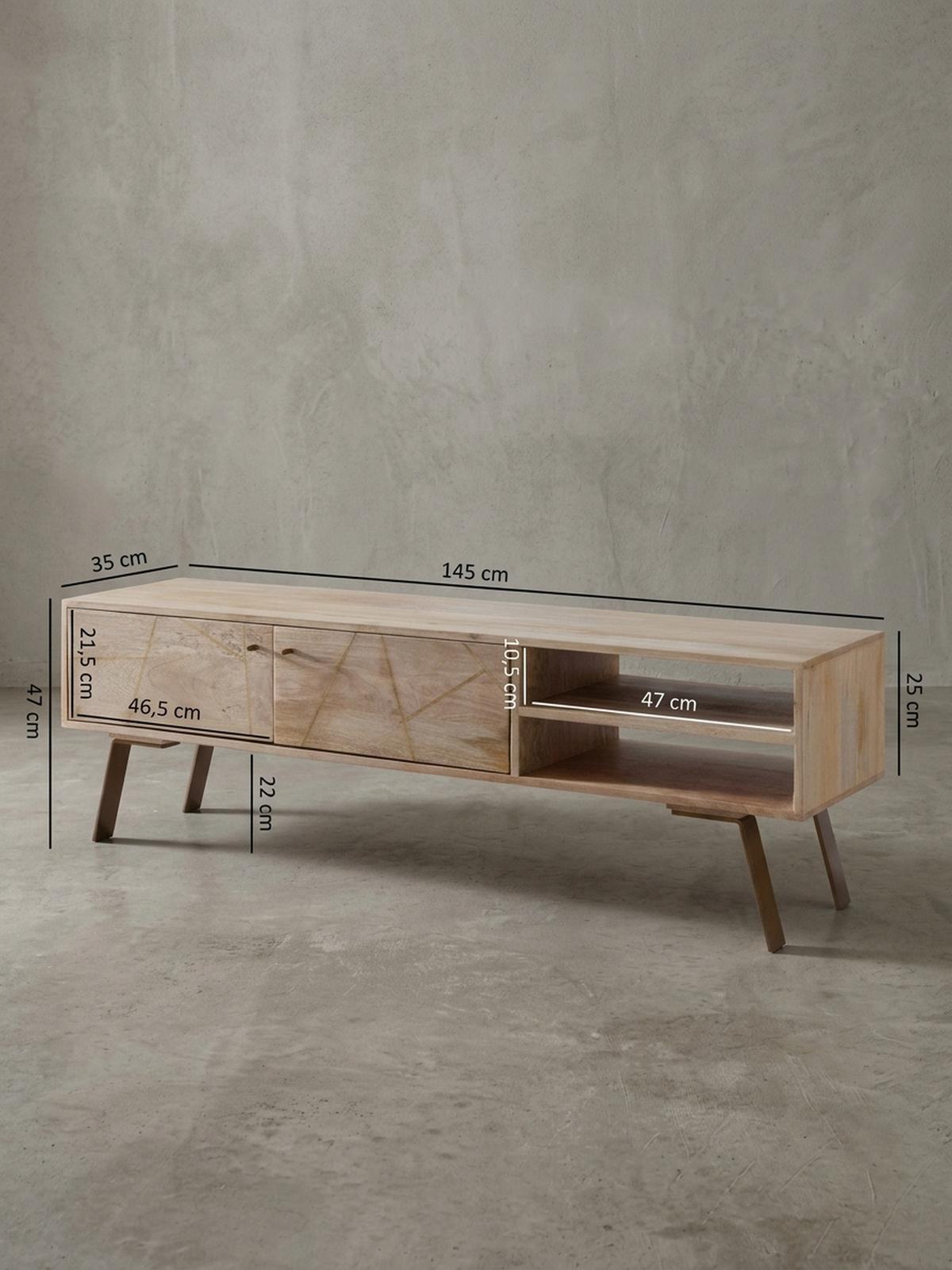 LOWBOARD Mango Massivholz Metall Landhausstil Modell Garda für Fernseher bis 55 Zoll - Goldfarben/Braun, Holz/Metall (145/47/35cm) - KADIMA DESIGN