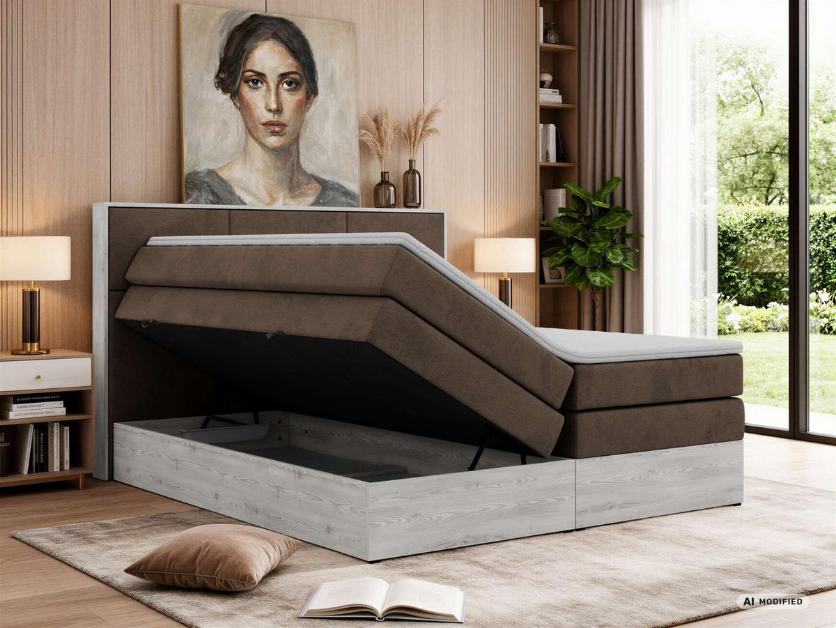 BOXSPRINGBETT DELNOR KING 200/200 - Braun Velvet - Topper Visco - H4 - Schwarz/Braun, Kunststoff/Textil (200/200cm) - MKS