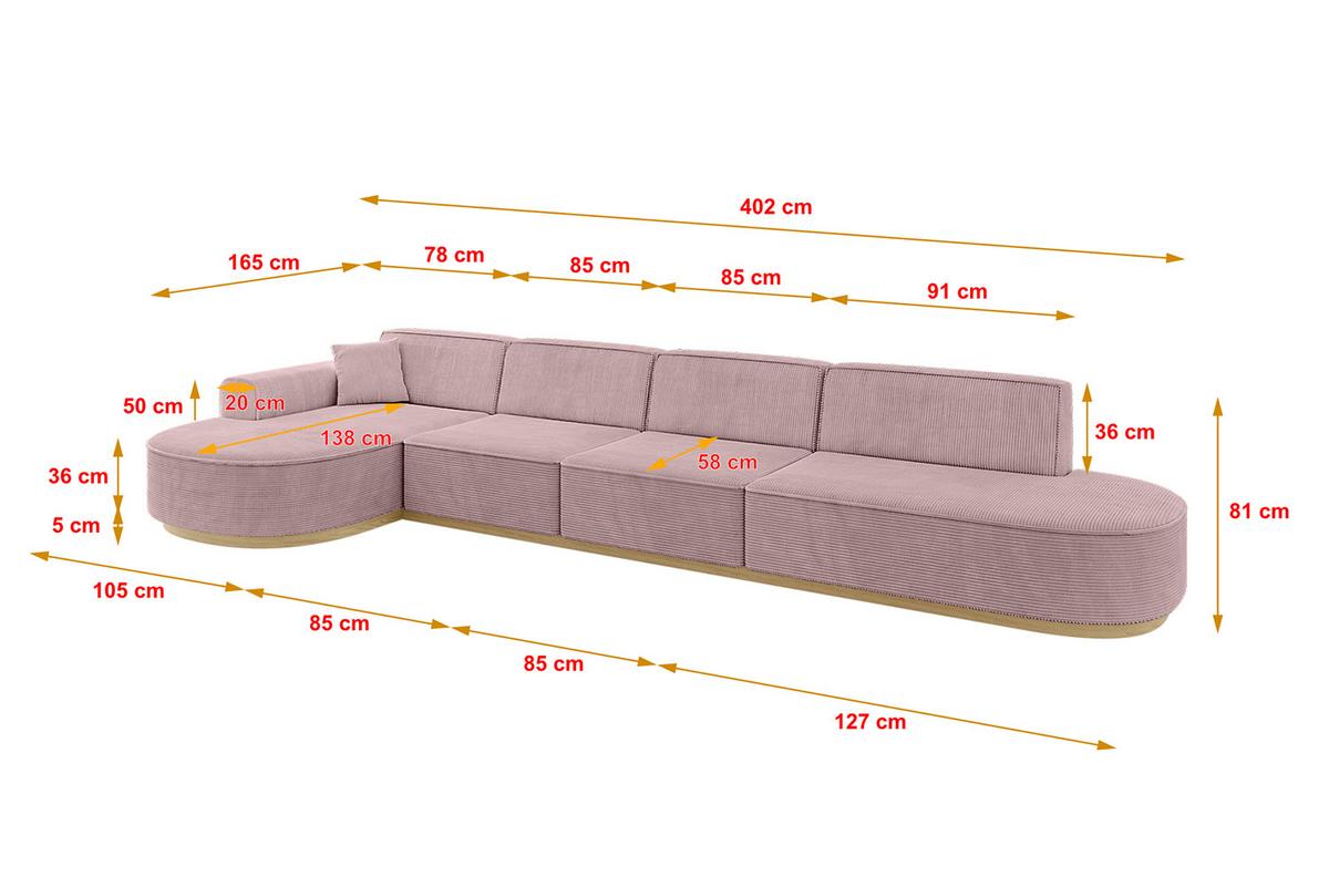 ECKSOFA Ottomane Links MARI-L3-v2 - 413x171x83 cm Rosa Cord - Rosa, Holzwerkstoff/Textil (413/171cm) - ALTDECOR