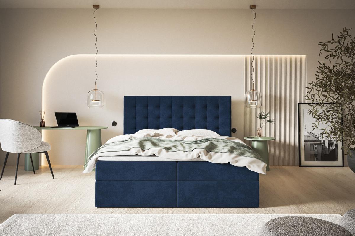 BOXBETT RIO mit 2 Bettkästen, 140x200, Farbe: Dunkelblau, Velourstoff, Doppelbett mit Bonell-Matratze - Dunkelblau, Holz/Kunststoff (140/200cm) - Alpi-Möbel