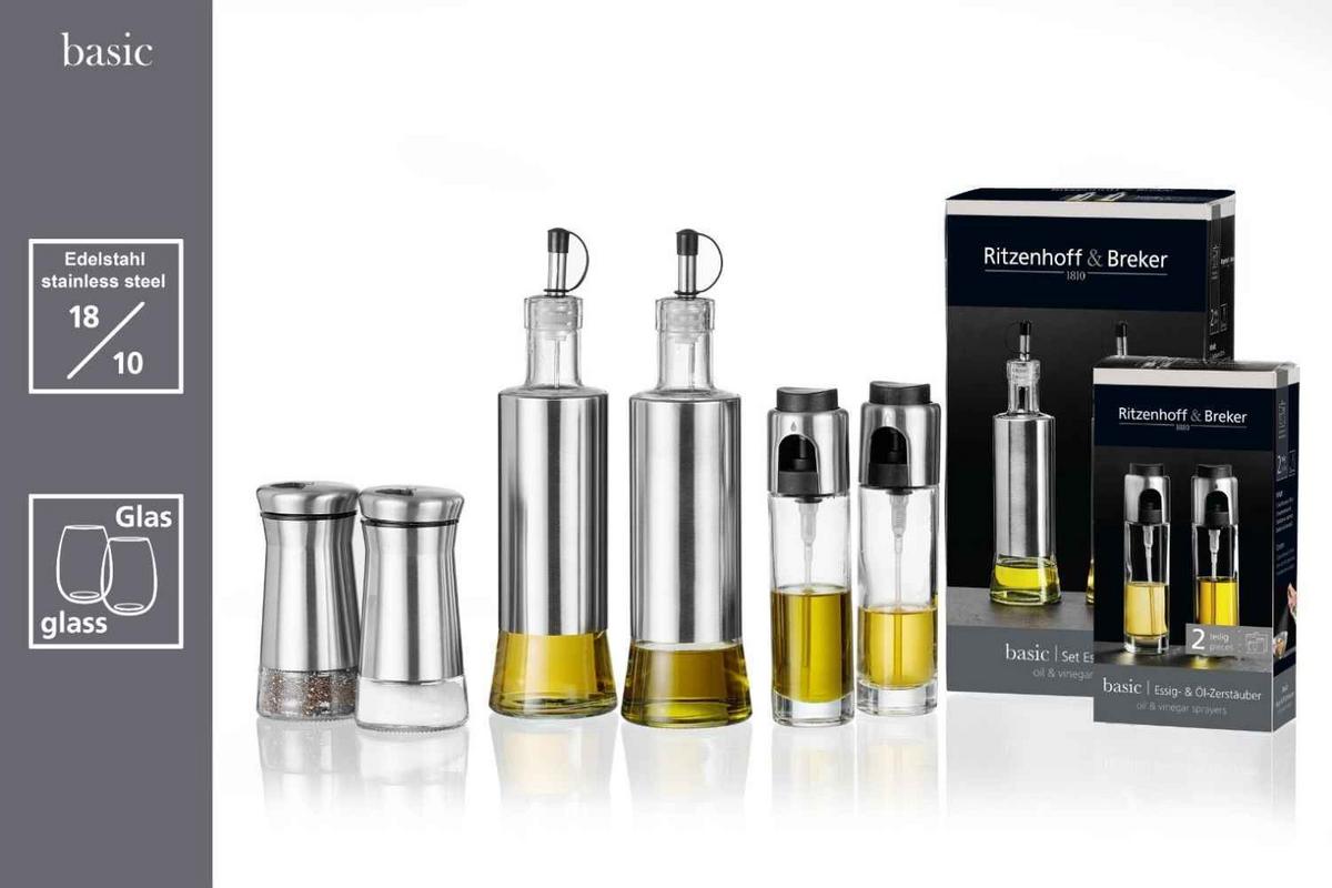 ESSIG & ÖL FLASCHE Basic transparent-silber 320 ml 2-tlg. - Transparent/Silberfarben, Glas/Metall (7/26/14cm) - Ritzenhoff Breker