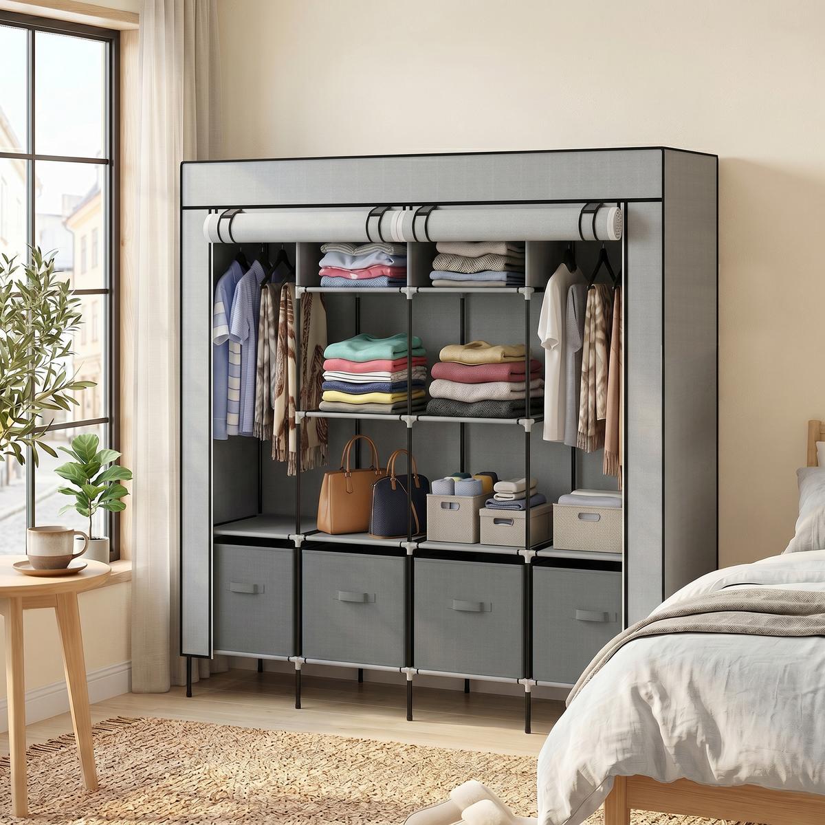 STOFFSCHRANK Kleiderschrank mit Kleiderstange, 10 Fächern, 4 Schubladen - Dunkelgrau, Textil/Metall (42.5/169.5/166cm) - HOMCOM