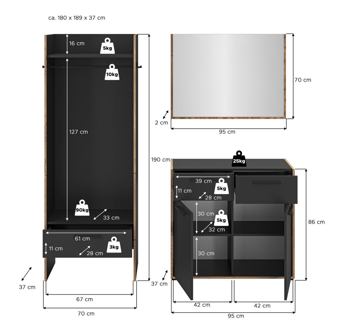 GARDEROBE-SET grau und Nox Eiche, Garderobenkombination 3-teilig, 180 x 189 cm, Salud - Dunkelgrau/Schwarz, Holzwerkstoff/Kunststoff (180/189/37cm) - Inn.Furn